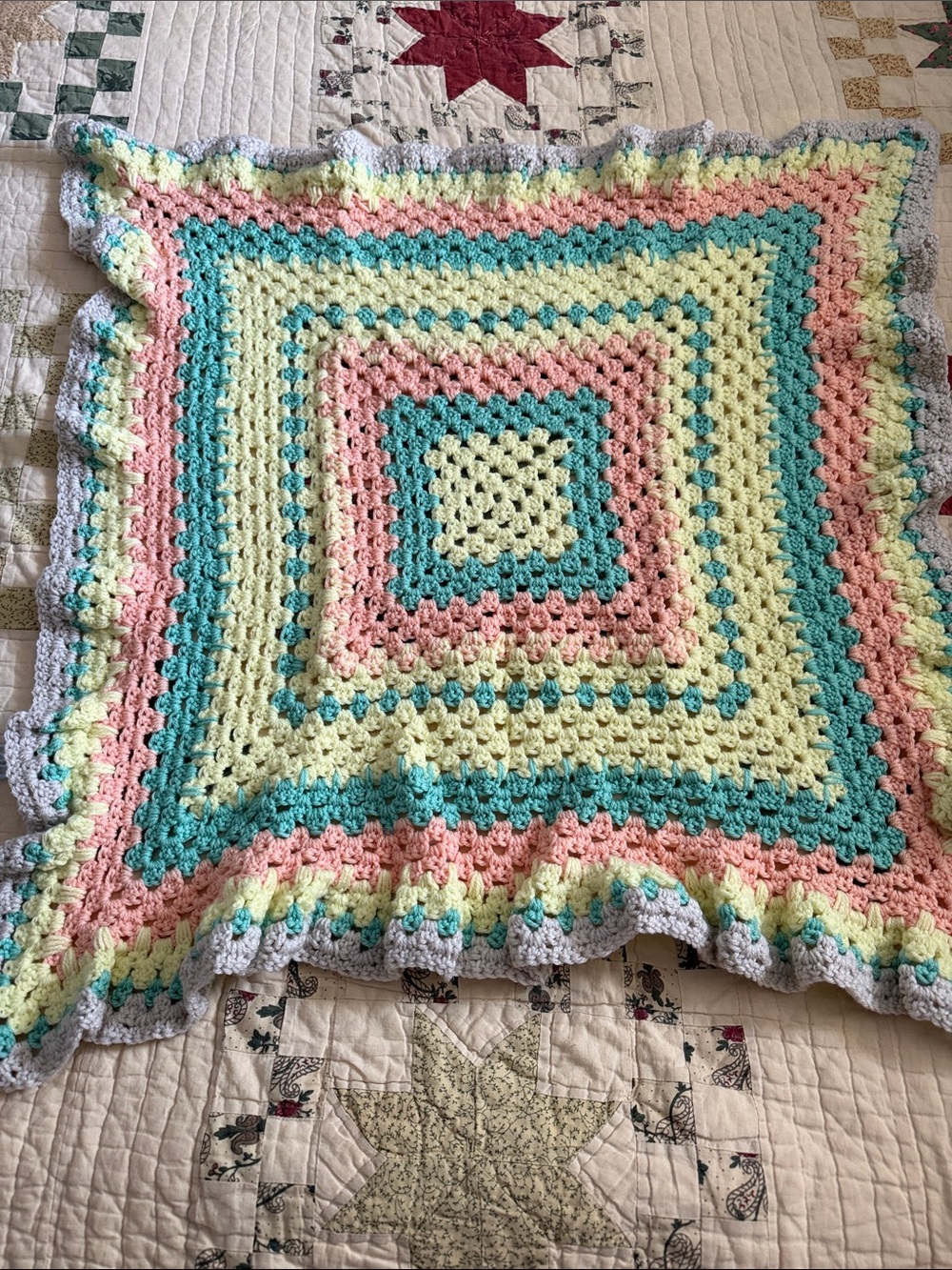Pastel Crochet Baby Blanket in Pink, Blue, Yellow & Cream